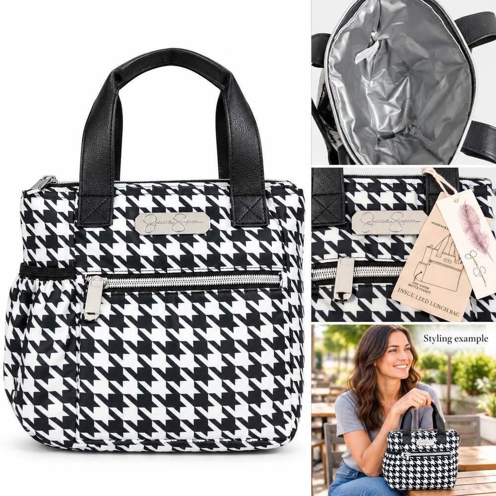 Jessica Simpson Black & White Houndstooth Insulated Lunch Tote Bag NWT